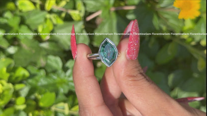 2.30CT Dutch Step Cut Greenish Blue Moissanite Ring, Bezel Set, 18K White Gold