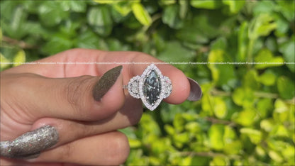 3.5TW Marquise Dark Gray Moissanite Three Stone Ring, 14K White Gold