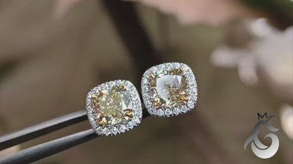 1CT Cushion Cut Canary Yellow Moissanite Halo Stud Earrings – 14K Gold Bridal Jewelry