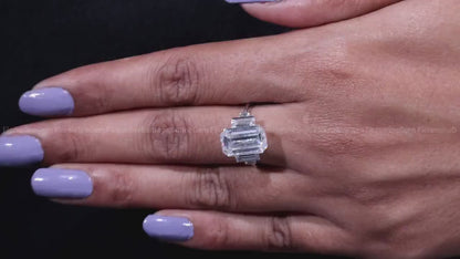 Antique Emerald Moissanite Engagement Ring, 14K White Gold, Long Emerald & Baguette Five Stone Wedding Ring
