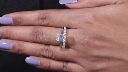 9x7mm Emerald Cut Moissanite Engagement Ring Set – Baguette & Round Full Eternity Band with Hidden Halo