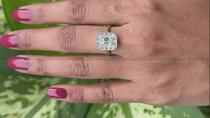 Emerald Cut Moissanite Engagement Ring – 10K White Gold Baguette Side Stone Halo Ring